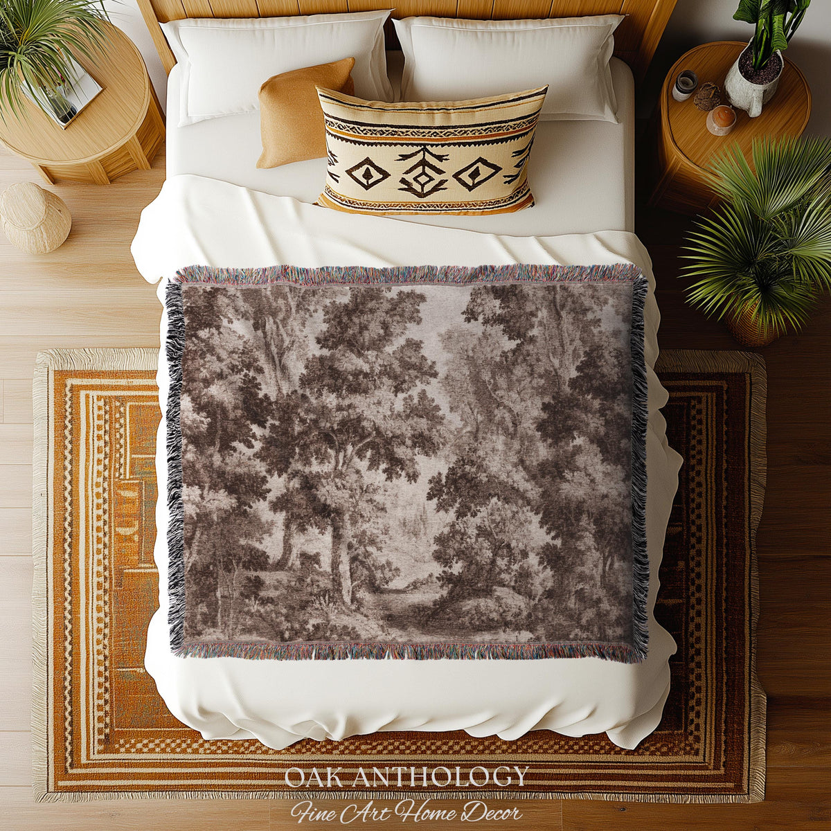 Neutral Forest Art Tapestry Woven Sepia Trees Soft Nature Decor | Antique Landscape Misty Woodland Throw Blanket Traditional Wall Hanging