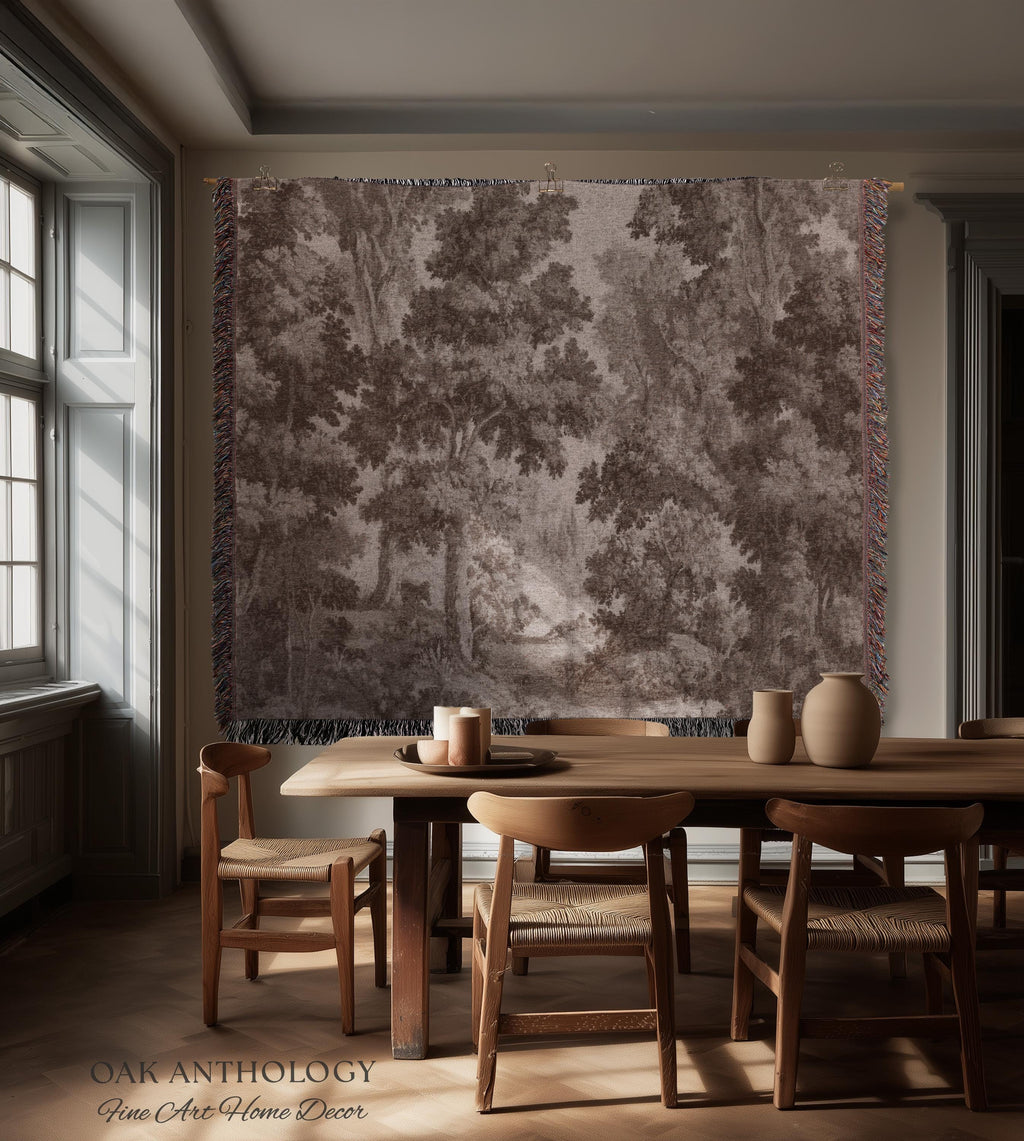 Neutral Forest Art Tapestry Woven Sepia Trees Soft Nature Decor | Antique Landscape Misty Woodland Throw Blanket Traditional Wall Hanging