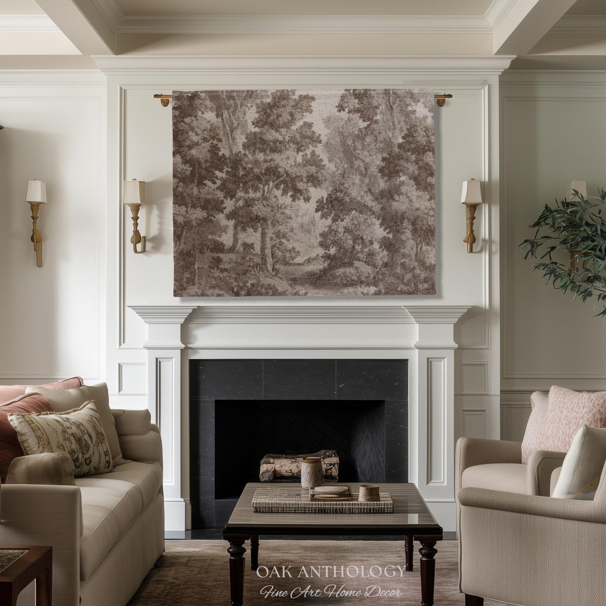 Neutral Forest Art Tapestry Woven Sepia Trees Soft Nature Decor | Antique Landscape Misty Woodland Throw Blanket Traditional Wall Hanging