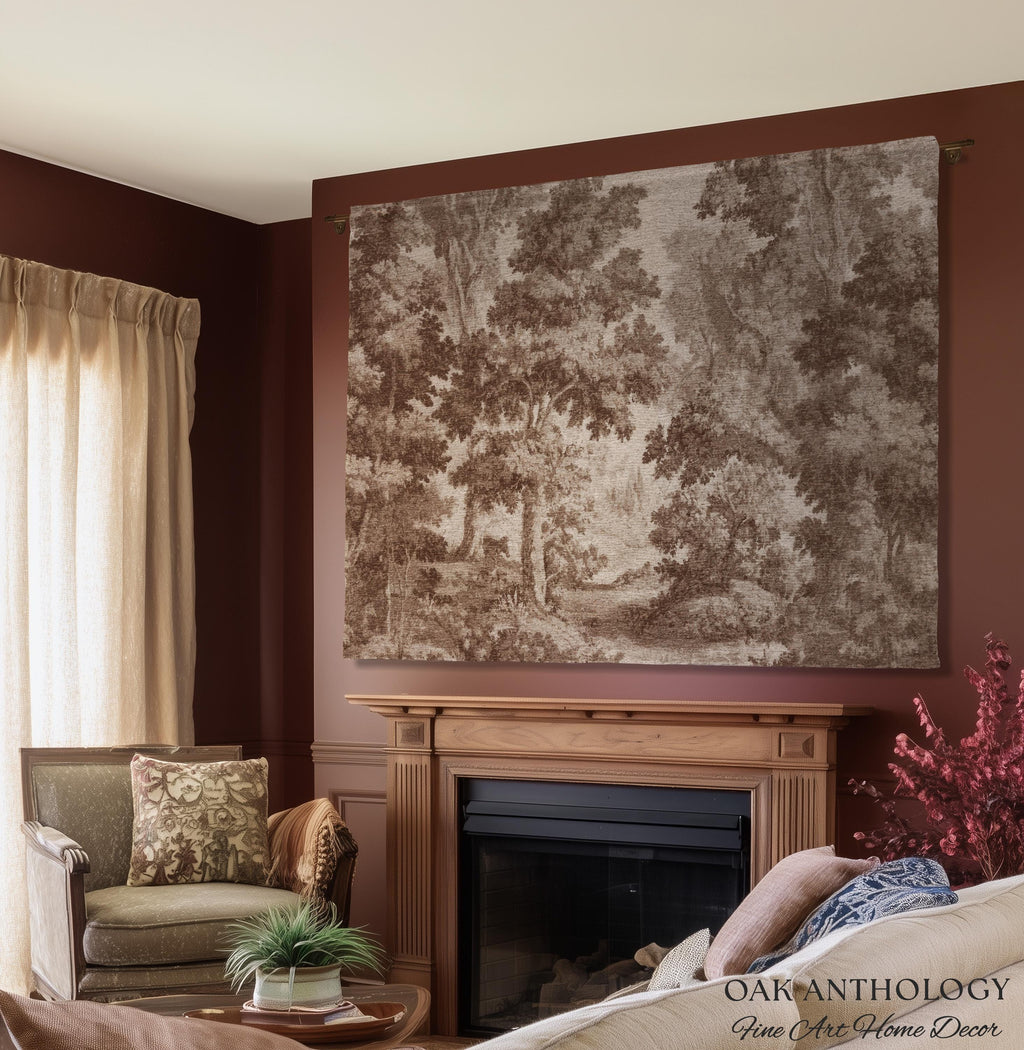 Neutral Forest Art Tapestry Woven Sepia Trees Soft Nature Decor | Antique Landscape Misty Woodland Throw Blanket Traditional Wall Hanging