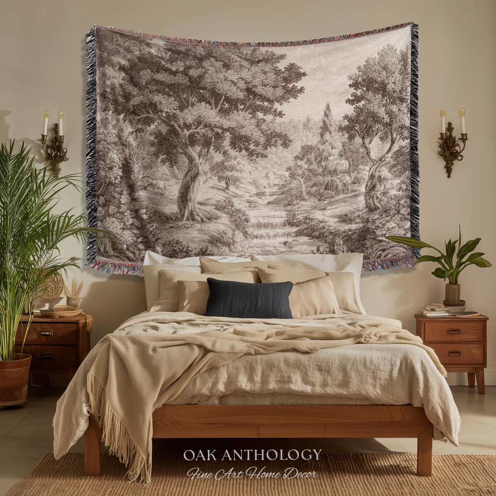 Classic Countryside Scenic Woodland Tapestry Woven Throw Muted Tone Sepia Wall Decor | Timeless Heirloom Neutral Landscape Soft Nature Art