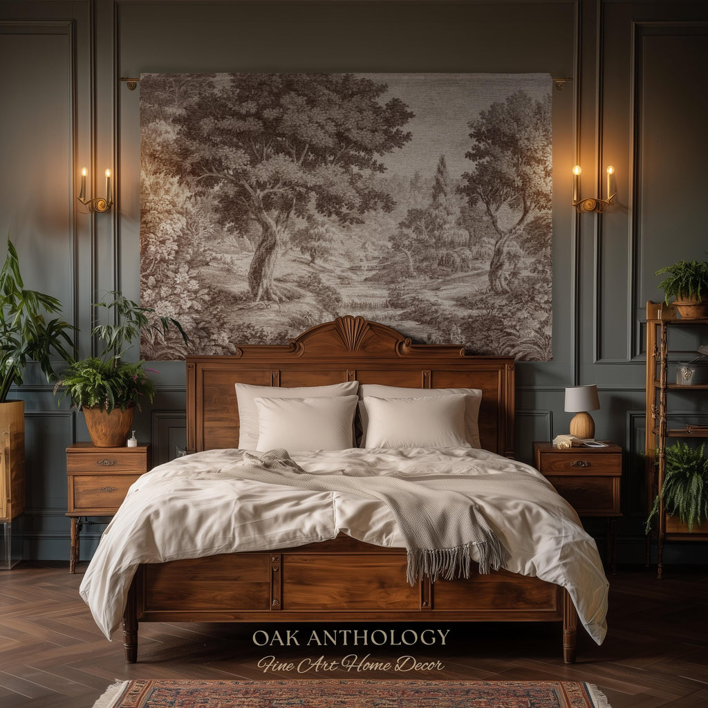 Classic Countryside Scenic Woodland Tapestry Woven Throw Muted Tone Sepia Wall Decor | Timeless Heirloom Neutral Landscape Soft Nature Art