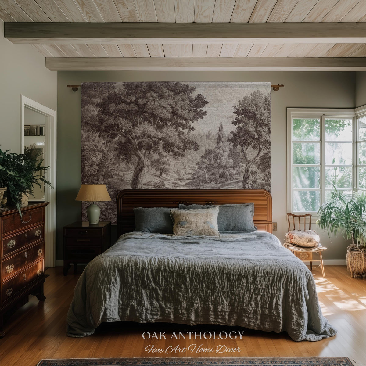 Classic Countryside Scenic Woodland Tapestry Woven Throw Muted Tone Sepia Wall Decor | Timeless Heirloom Neutral Landscape Soft Nature Art