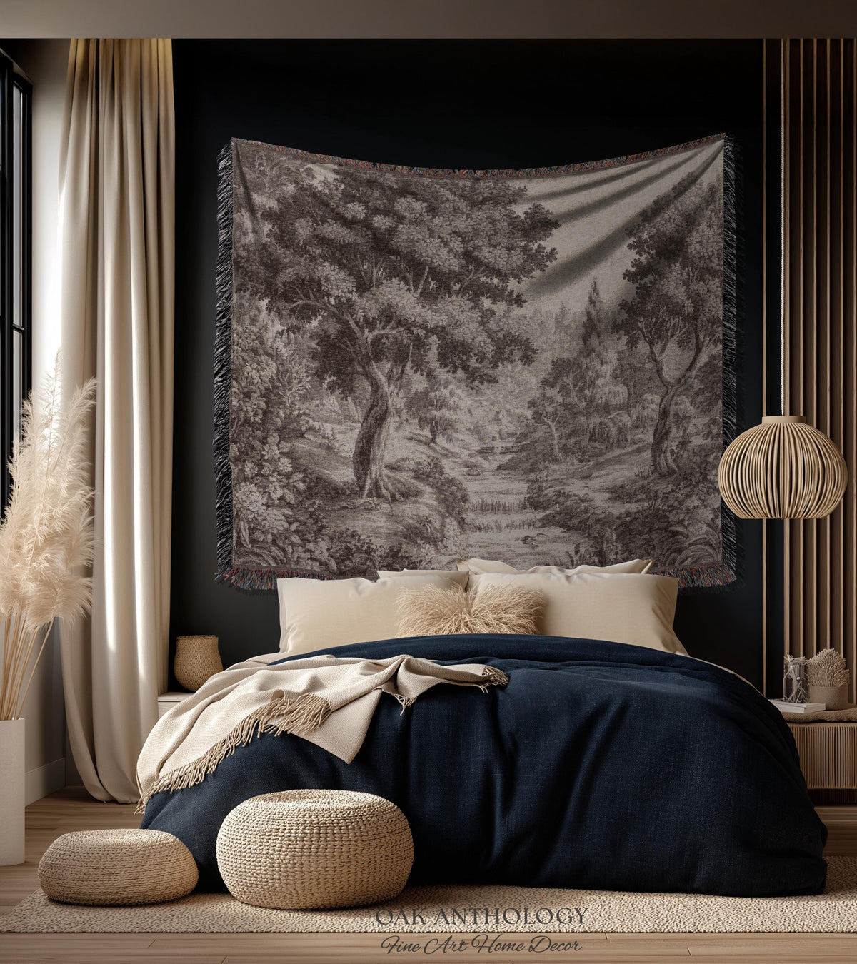 Classic Countryside Scenic Woodland Tapestry Woven Throw Muted Tone Sepia Wall Decor | Timeless Heirloom Neutral Landscape Soft Nature Art