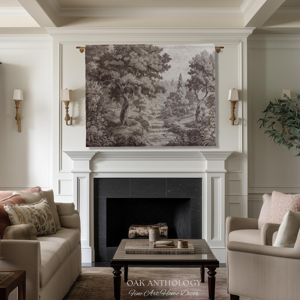 Classic Countryside Scenic Woodland Tapestry Woven Throw Muted Tone Sepia Wall Decor | Timeless Heirloom Neutral Landscape Soft Nature Art