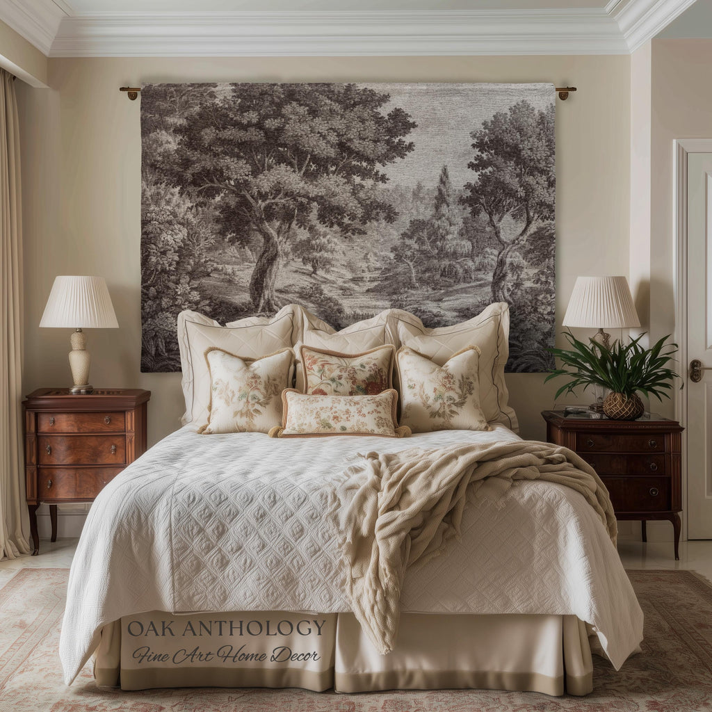 Classic Countryside Scenic Woodland Tapestry Woven Throw Muted Tone Sepia Wall Decor | Timeless Heirloom Neutral Landscape Soft Nature Art