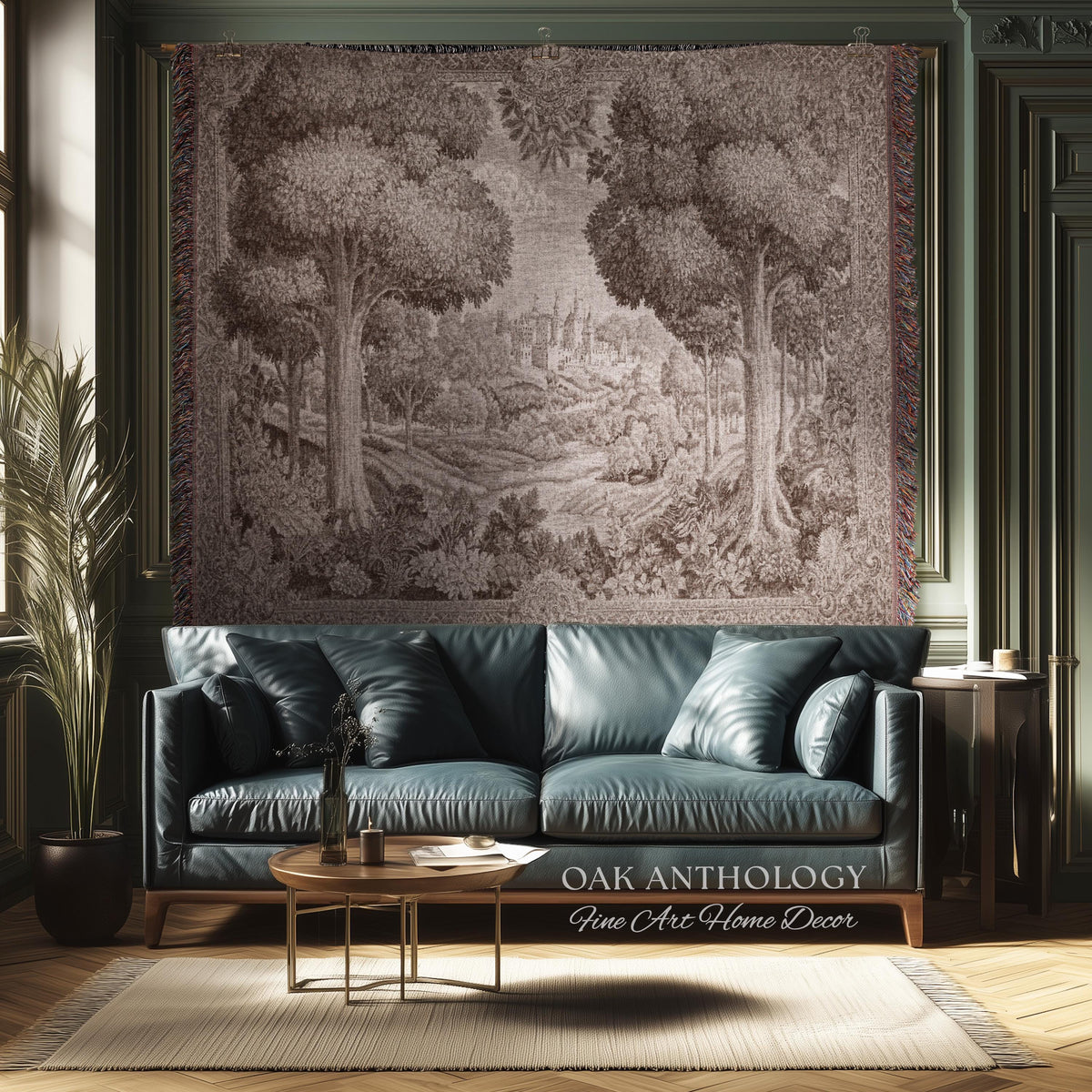 Castle Scenery Old World Tapestry Sepia Landscape Art | French Chateau Decor Woven Throw Blanket Romantic Classical Countryside Wall Hanging