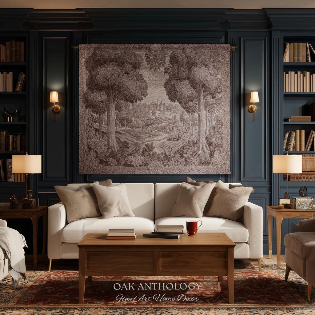 Castle Scenery Old World Tapestry Sepia Landscape Art | French Chateau Decor Woven Throw Blanket Romantic Classical Countryside Wall Hanging