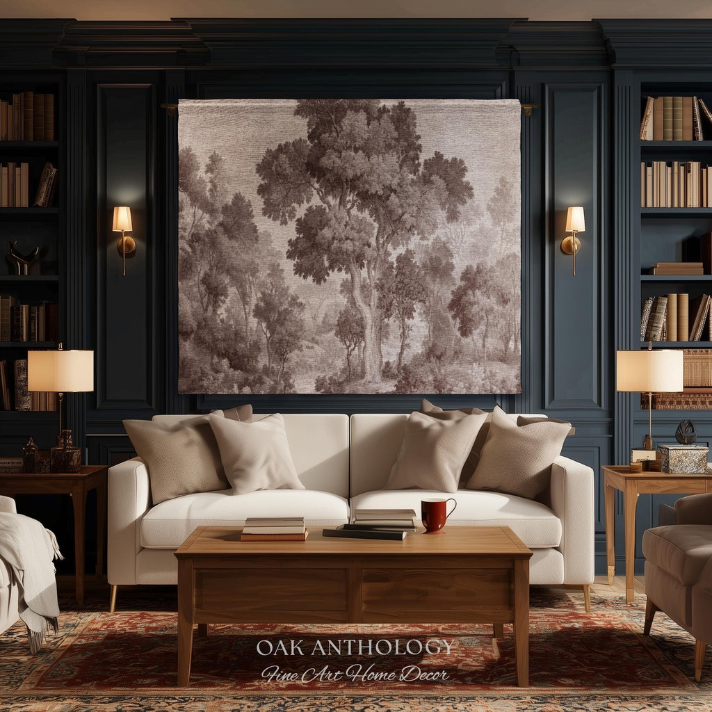 Old World Misty Woodland Tree Tapestry Heritage Nature Muted Wall Art | Neutral Foggy Forest Rustic Throw Vintage Woven Sepia Home Decor