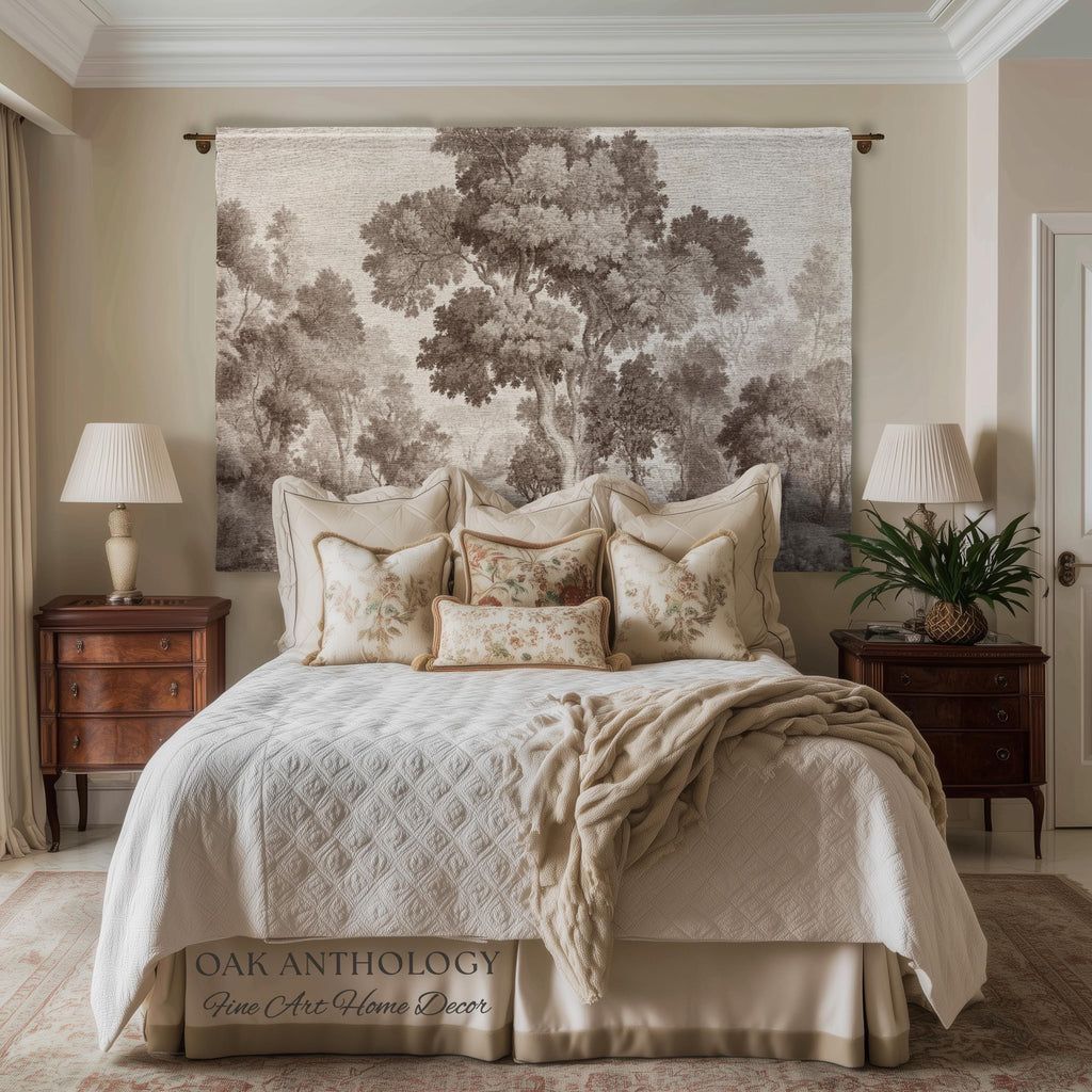 Old World Misty Woodland Tree Tapestry Heritage Nature Muted Wall Art | Neutral Foggy Forest Rustic Throw Vintage Woven Sepia Home Decor