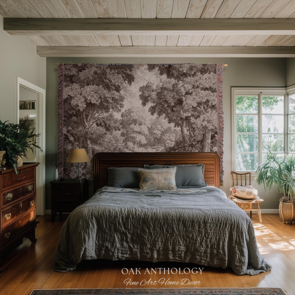Elegant Rustic Woven Throw Tapestry Woodland River Tranquil Scene Sepia Landscape | Muted Tones Neutral Natural Art Soft Nature Wall Hanging