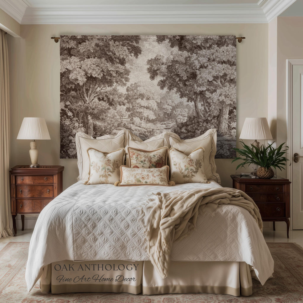 Elegant Rustic Woven Throw Tapestry Woodland River Tranquil Scene Sepia Landscape | Muted Tones Neutral Natural Art Soft Nature Wall Hanging