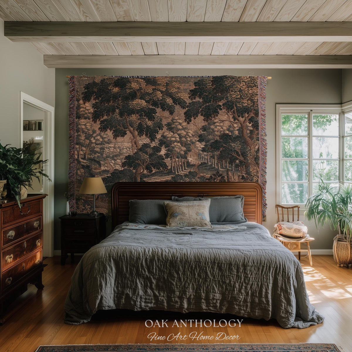 Romantic Old World Flemish Verdure Lush Forest Path Art Tapestry | Pastoral Woodland Wildlife Landscape Woven Wall Art Nature Scene Blanket