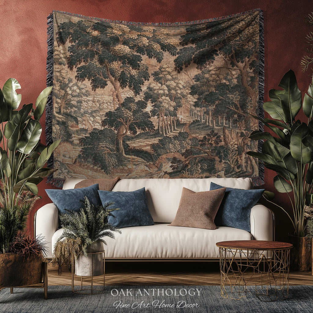 Romantic Old World Flemish Verdure Lush Forest Path Art Tapestry | Pastoral Woodland Wildlife Landscape Woven Wall Art Nature Scene Blanket