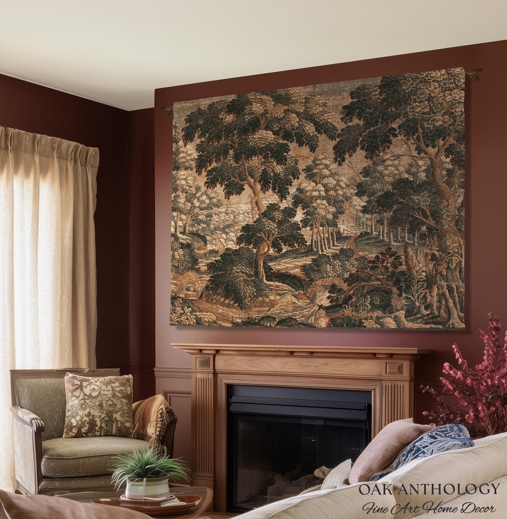 Romantic Old World Flemish Verdure Lush Forest Path Art Tapestry | Pastoral Woodland Wildlife Landscape Woven Wall Art Nature Scene Blanket