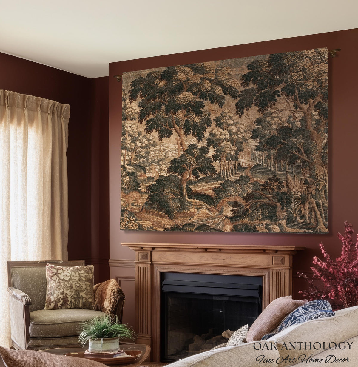 Romantic Old World Flemish Verdure Lush Forest Path Art Tapestry | Pastoral Woodland Wildlife Landscape Woven Wall Art Nature Scene Blanket