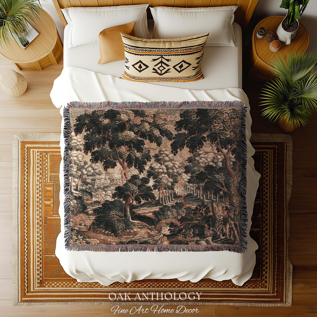 Romantic Old World Flemish Verdure Lush Forest Path Art Tapestry | Pastoral Woodland Wildlife Landscape Woven Wall Art Nature Scene Blanket