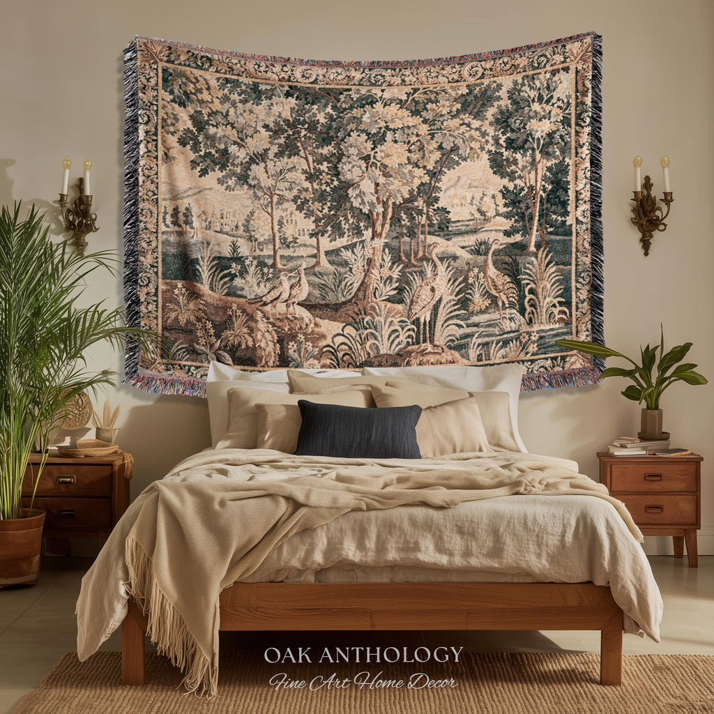 European Woodland Scene Wetland Birds Verdure aux Oiseaux Tapestry | Antique Aubusson Style Woven Heritage Landscape Countryside Wall Art