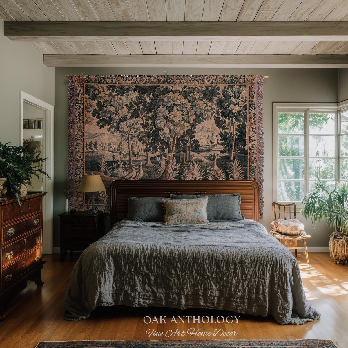 European Woodland Scene Wetland Birds Verdure aux Oiseaux Tapestry | Antique Aubusson Style Woven Heritage Landscape Countryside Wall Art