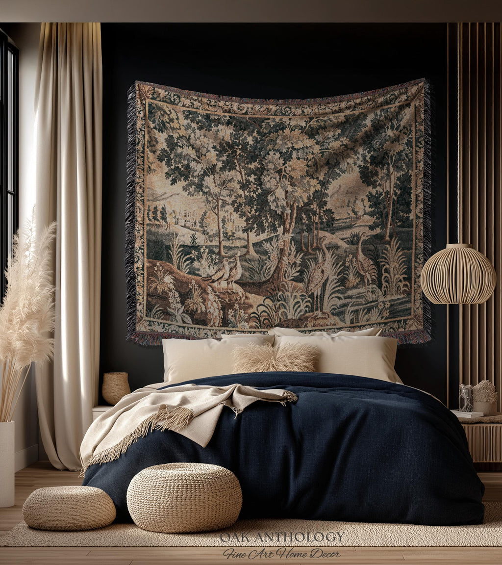 European Woodland Scene Wetland Birds Verdure aux Oiseaux Tapestry | Antique Aubusson Style Woven Heritage Landscape Countryside Wall Art