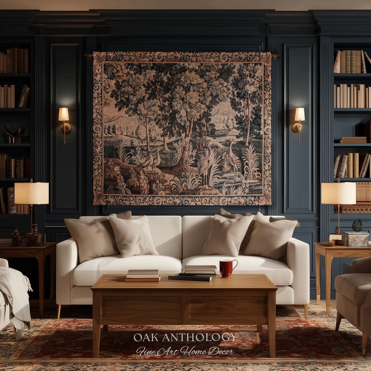 European Woodland Scene Wetland Birds Verdure aux Oiseaux Tapestry | Antique Aubusson Style Woven Heritage Landscape Countryside Wall Art
