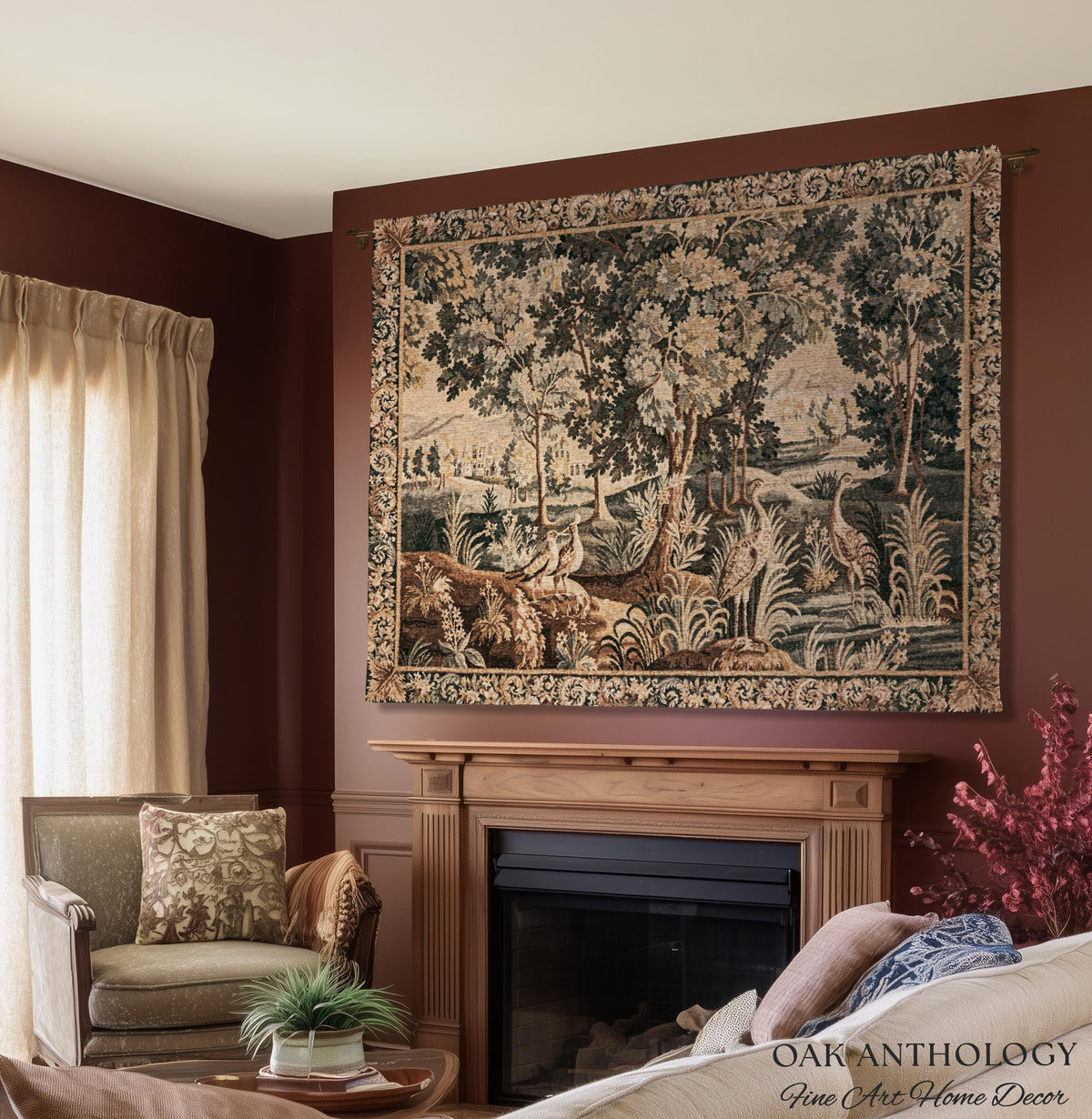 European Woodland Scene Wetland Birds Verdure aux Oiseaux Tapestry | Antique Aubusson Style Woven Heritage Landscape Countryside Wall Art