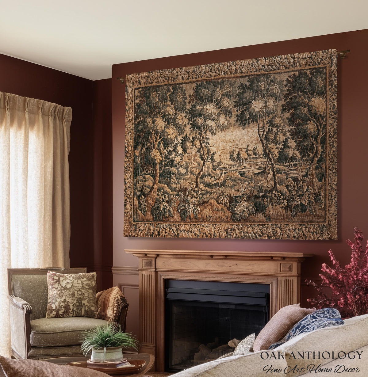 Countryside Classic Elegance Flemish Verdure Tapestry Woven Exotic Birds Wall Art | 18th Century Botanical Landscape Acanthus Woodland Decor