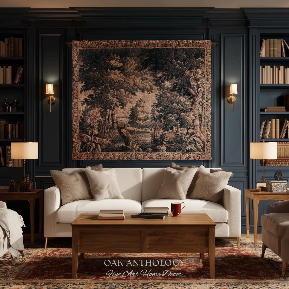 Antique European Lake Scene Tapestry Woven Woodland Verdure Wall Hanging | Classical Elegance Forest Throw Old World Jacquard Textile Art