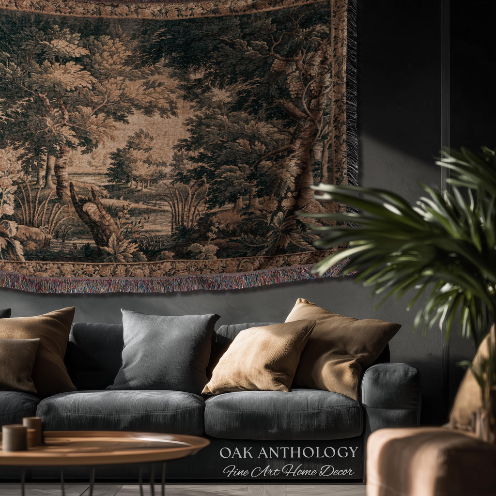 Antique European Lake Scene Tapestry Woven Woodland Verdure Wall Hanging | Classical Elegance Forest Throw Old World Jacquard Textile Art