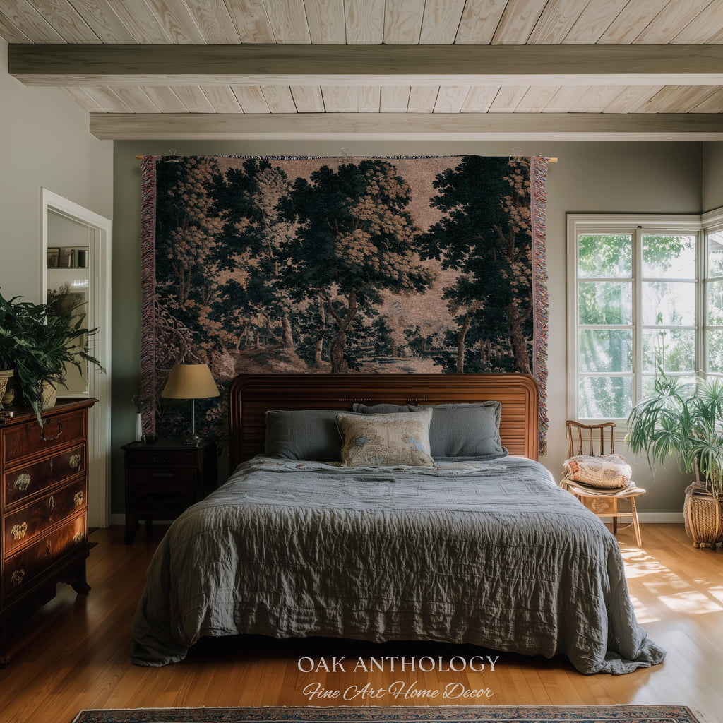 Classical Forest Verdure Tapestry Woodland with a Pond Antique Reproduction | European Traditional Jacquard Woven Textile Pastoral Wall Art