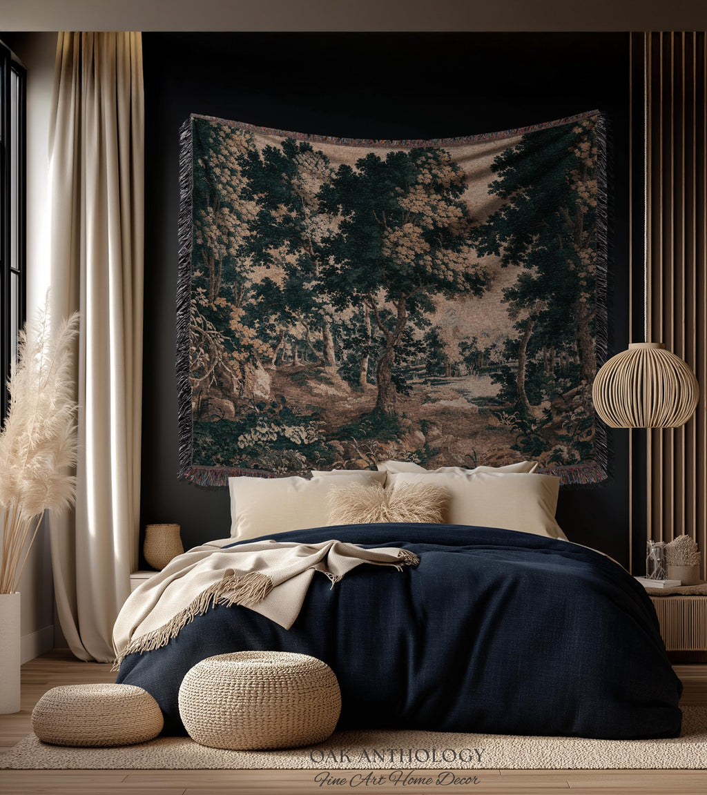 Classical Forest Verdure Tapestry Woodland with a Pond Antique Reproduction | European Traditional Jacquard Woven Textile Pastoral Wall Art