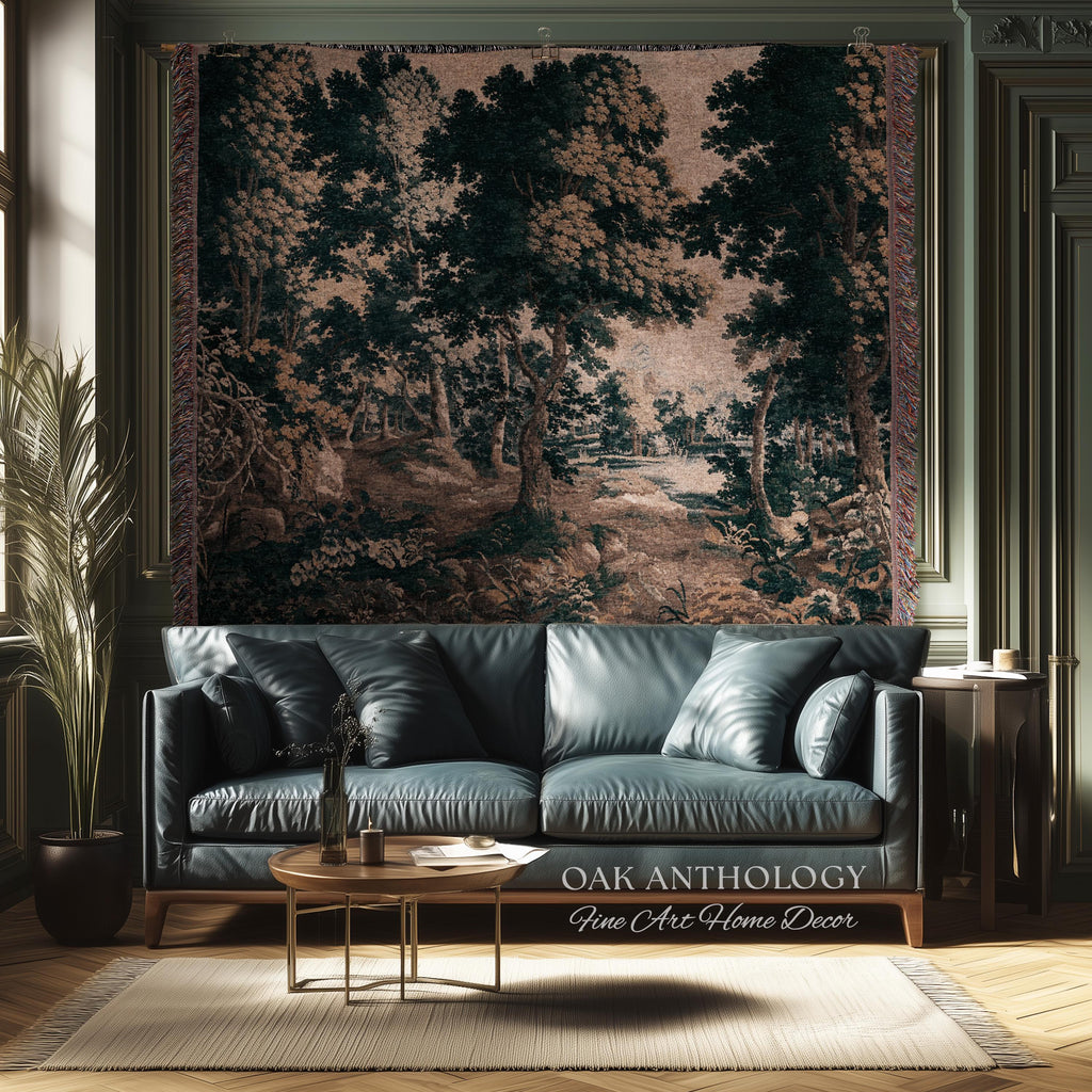 Classical Forest Verdure Tapestry Woodland with a Pond Antique Reproduction | European Traditional Jacquard Woven Textile Pastoral Wall Art