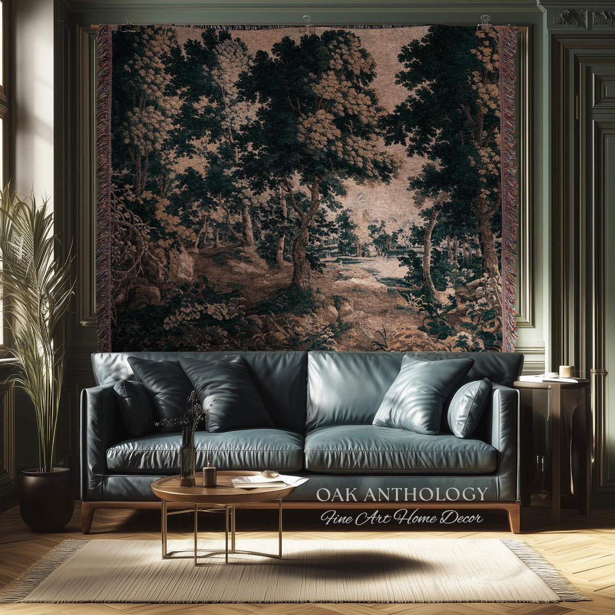 Classical Forest Verdure Tapestry Woodland with a Pond Antique Reproduction | European Traditional Jacquard Woven Textile Pastoral Wall Art