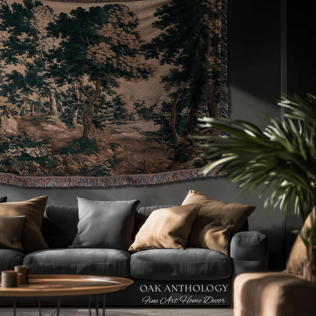 Classical Forest Verdure Tapestry Woodland with a Pond Antique Reproduction | European Traditional Jacquard Woven Textile Pastoral Wall Art