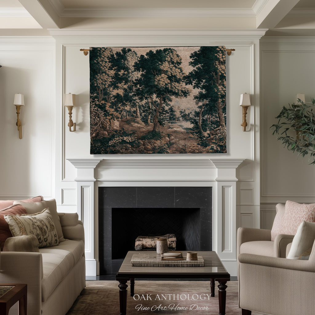 Classical Forest Verdure Tapestry Woodland with a Pond Antique Reproduction | European Traditional Jacquard Woven Textile Pastoral Wall Art