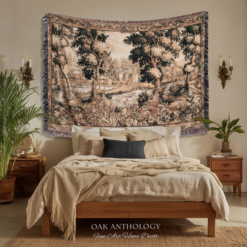 Old World Chantilly Château Tapestry French Riverside Landscape Woven Throw | Historical Countryside Woodland Village Scene Textile Wall Art