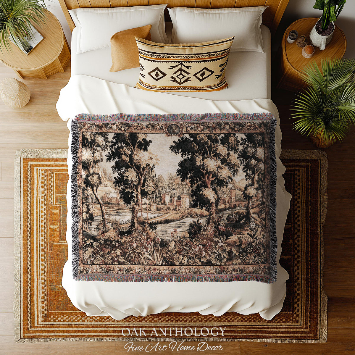 Old World Chantilly Château Tapestry French Riverside Landscape Woven Throw | Historical Countryside Woodland Village Scene Textile Wall Art