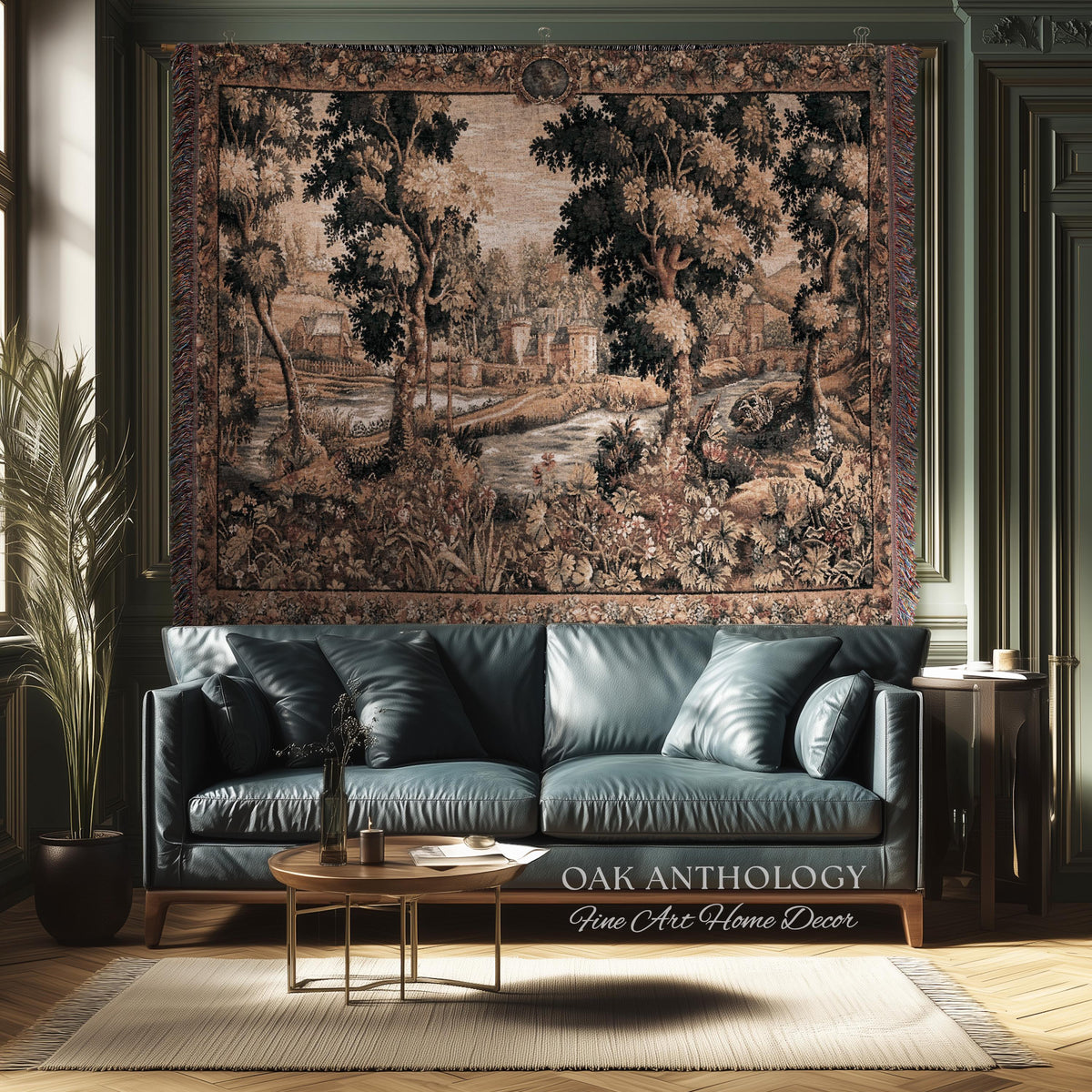 Old World Chantilly Château Tapestry French Riverside Landscape Woven Throw | Historical Countryside Woodland Village Scene Textile Wall Art