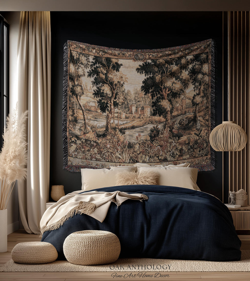 Old World Chantilly Château Tapestry French Riverside Landscape Woven Throw | Historical Countryside Woodland Village Scene Textile Wall Art