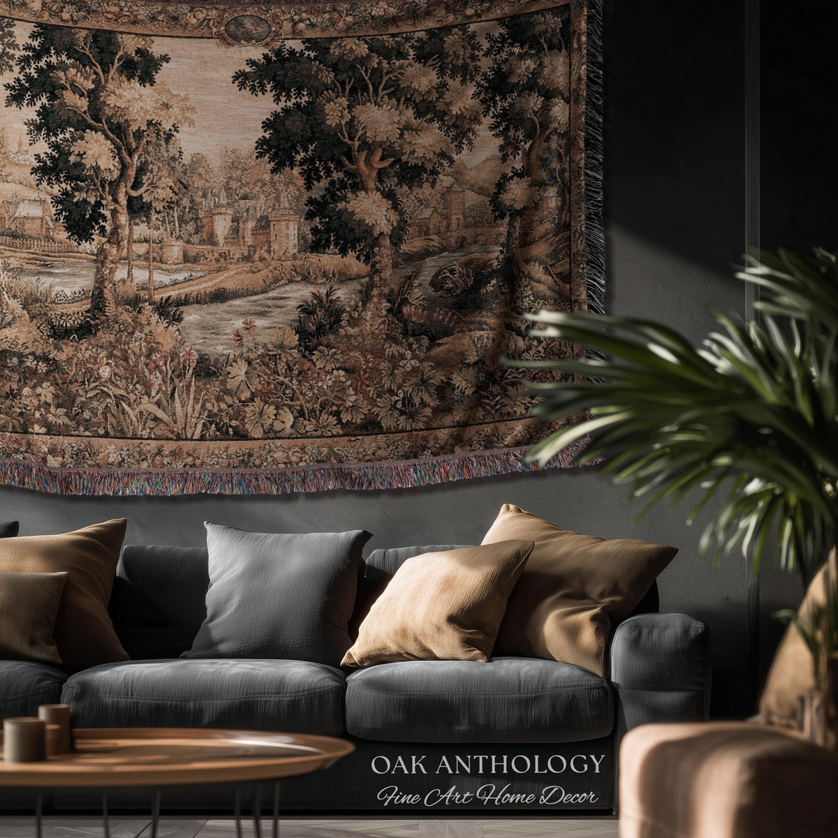 Old World Chantilly Château Tapestry French Riverside Landscape Woven Throw | Historical Countryside Woodland Village Scene Textile Wall Art