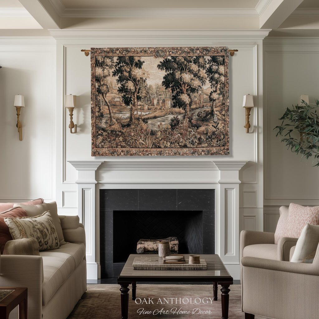 Old World Chantilly Château Tapestry French Riverside Landscape Woven Throw | Historical Countryside Woodland Village Scene Textile Wall Art