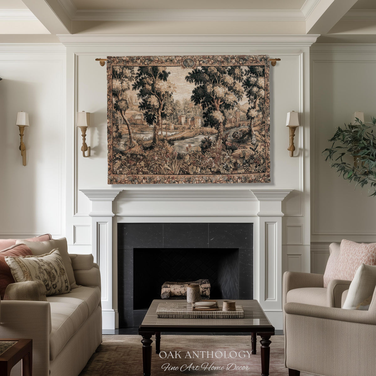 Old World Chantilly Château Tapestry French Riverside Landscape Woven Throw | Historical Countryside Woodland Village Scene Textile Wall Art