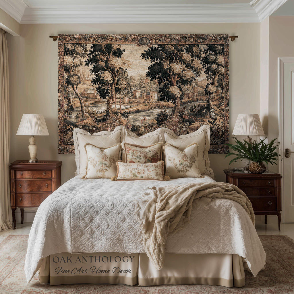 Old World Chantilly Château Tapestry French Riverside Landscape Woven Throw | Historical Countryside Woodland Village Scene Textile Wall Art