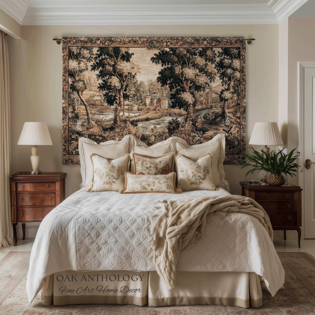 Old World Chantilly Château Tapestry French Riverside Landscape Woven Throw | Historical Countryside Woodland Village Scene Textile Wall Art