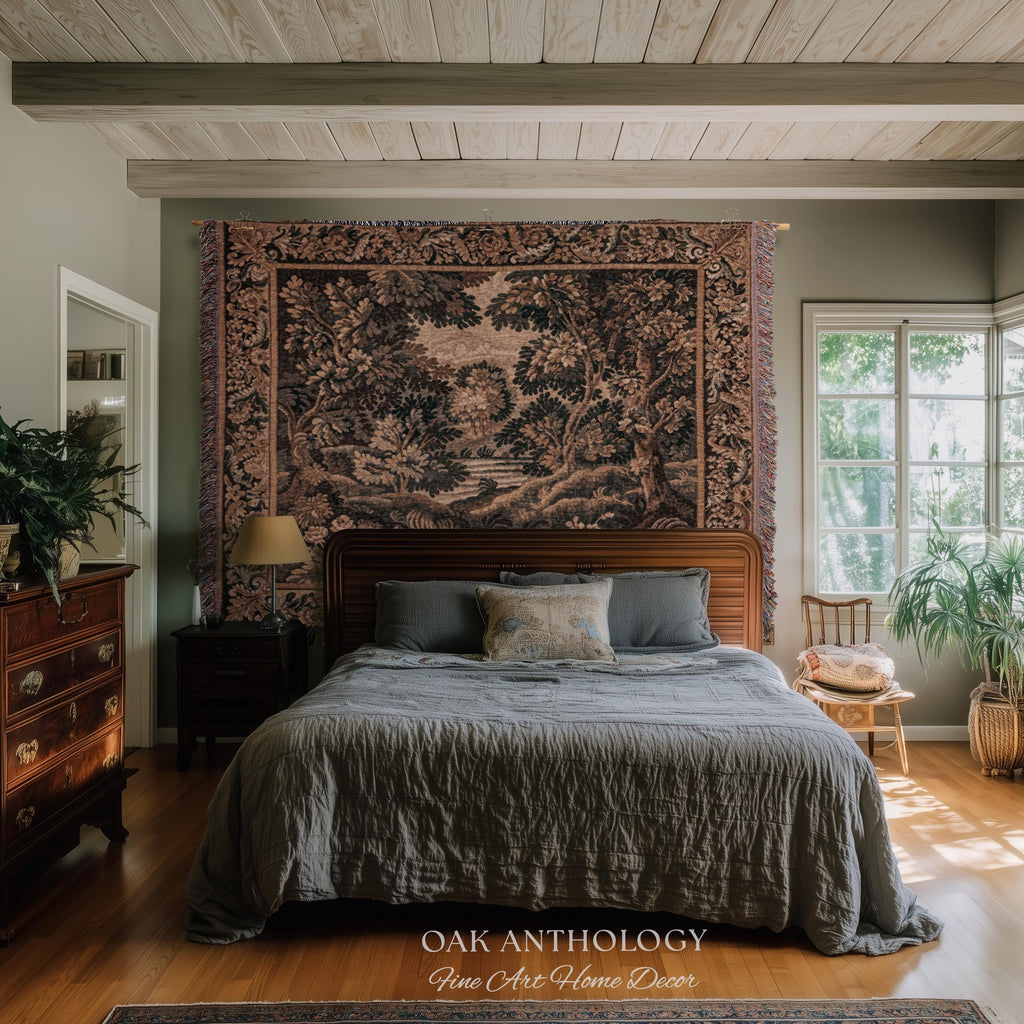 Woodland Waterscape Old World Traditional Tapestry Throw | Moody Antique Lake Scene Golden Verdure Rustic Elegance Woven Wall Hanging Art