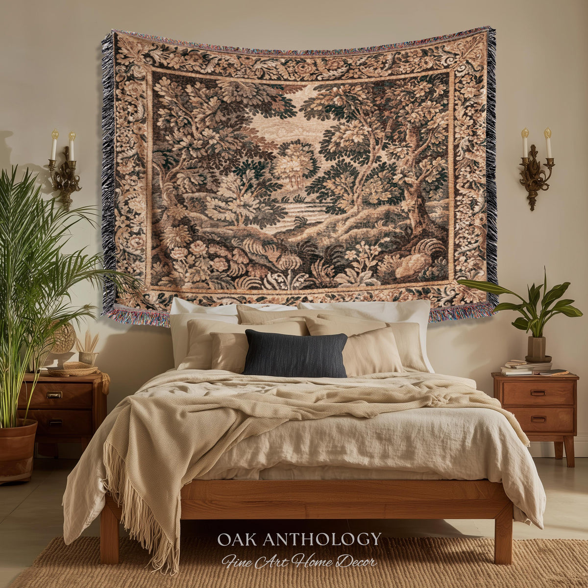 Woodland Waterscape Old World Traditional Tapestry Throw | Moody Antique Lake Scene Golden Verdure Rustic Elegance Woven Wall Hanging Art