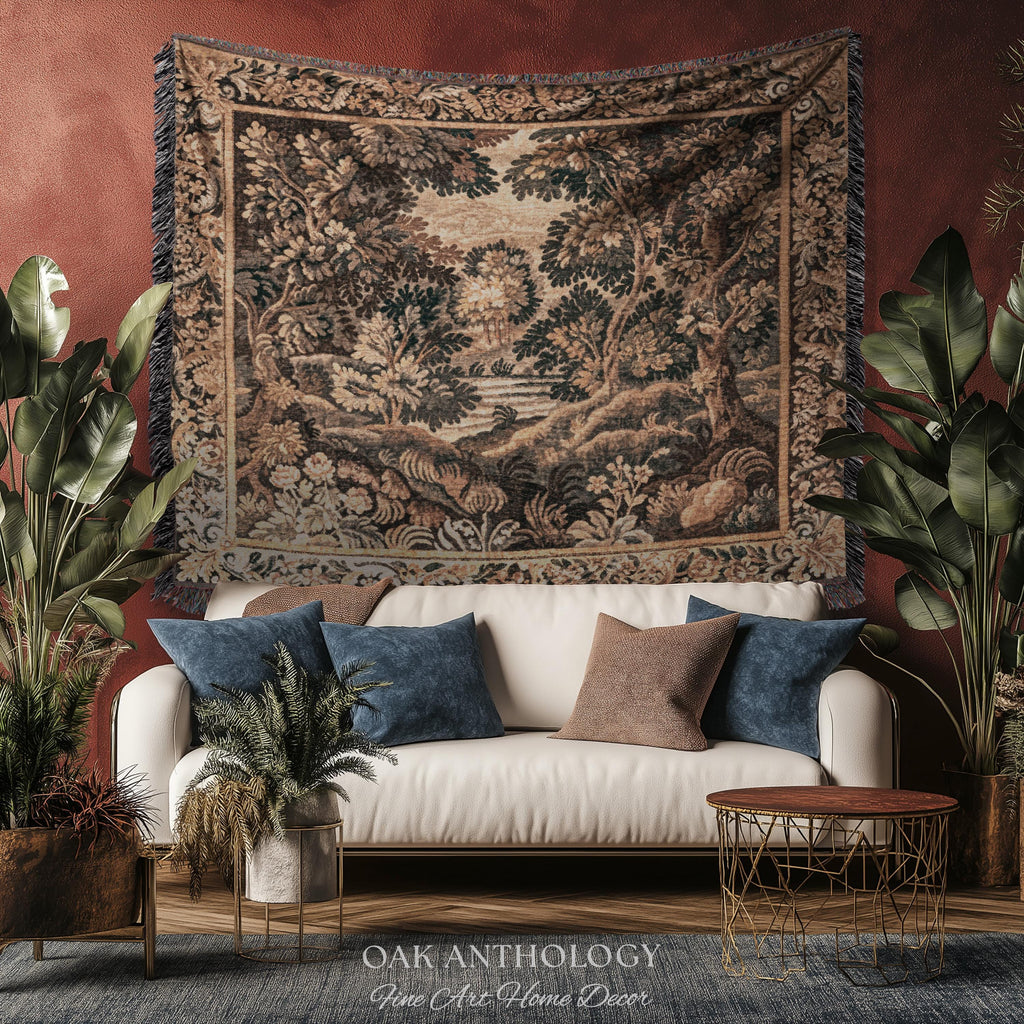 Woodland Waterscape Old World Traditional Tapestry Throw | Moody Antique Lake Scene Golden Verdure Rustic Elegance Woven Wall Hanging Art