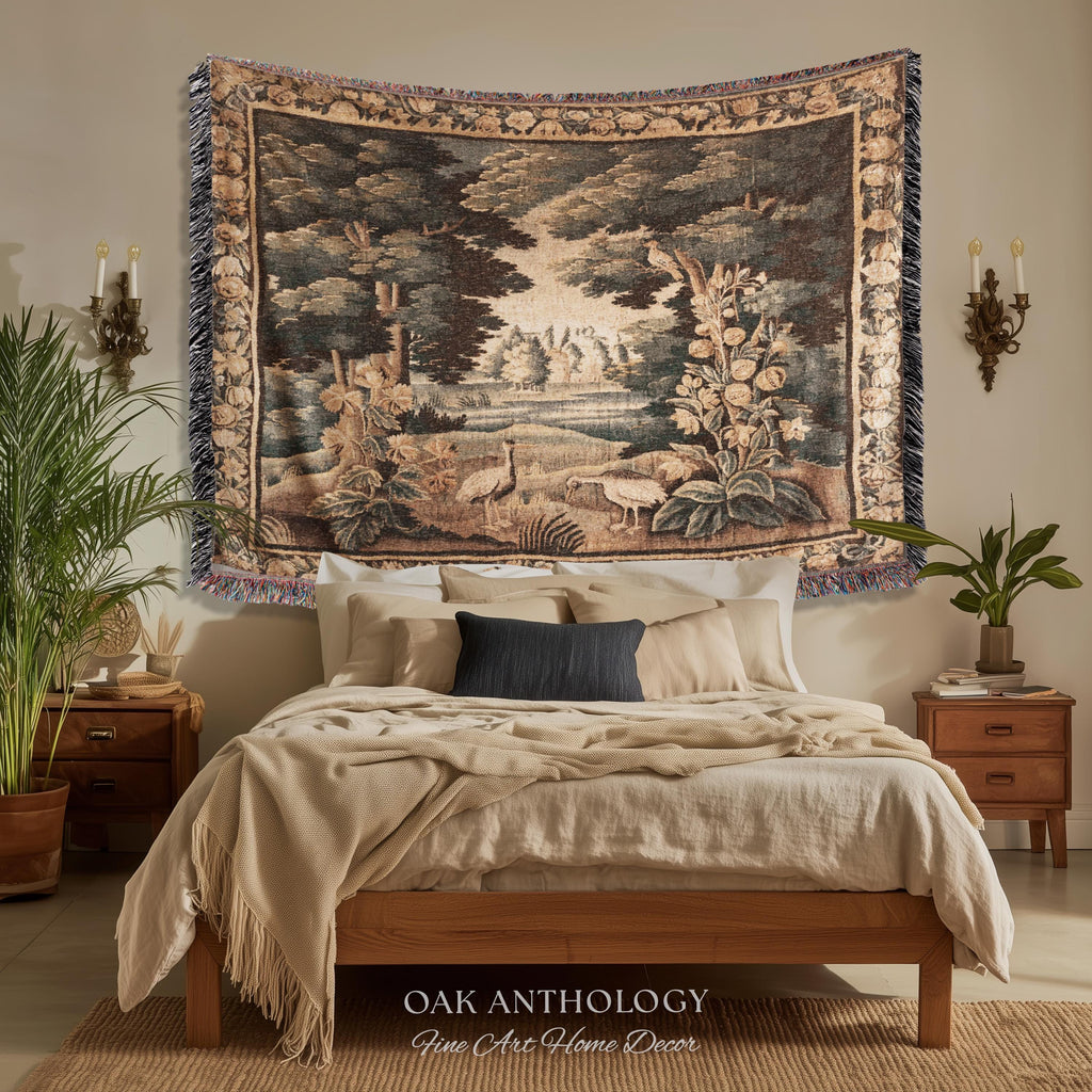 Historical Flemish Verdure Exotic Bird Tapestry Woodland Stream Landscape | Rustic Antique Landscape Textile Woven Old World Heritage Decor