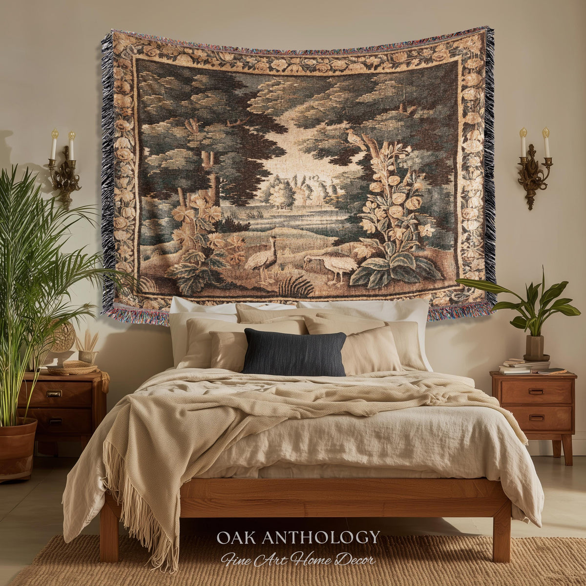 Historical Flemish Verdure Exotic Bird Tapestry Woodland Stream Landscape | Rustic Antique Landscape Textile Woven Old World Heritage Decor