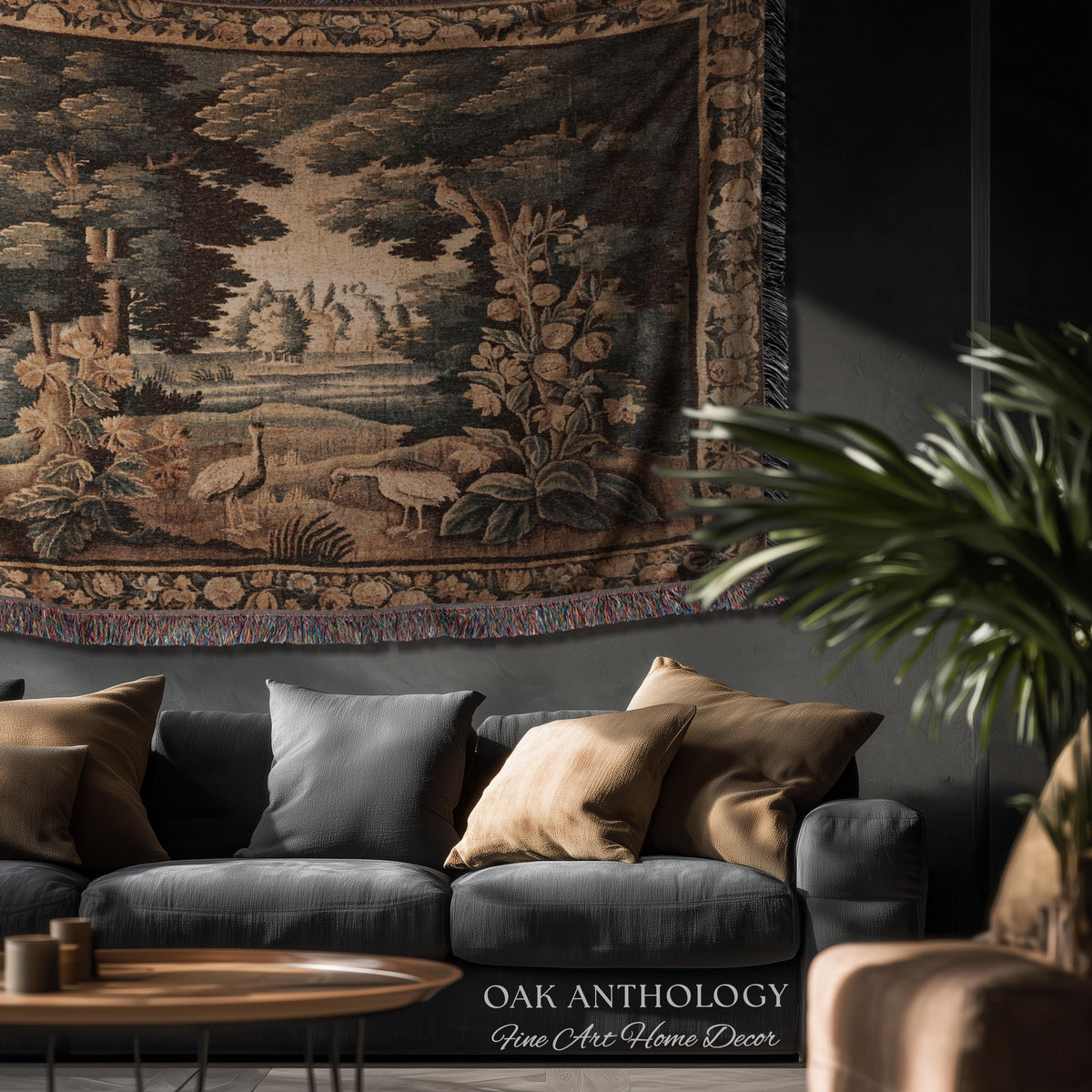 Historical Flemish Verdure Exotic Bird Tapestry Woodland Stream Landscape | Rustic Antique Landscape Textile Woven Old World Heritage Decor